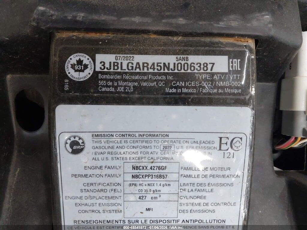 3JBLGAR45NJ006387 2022 CAN-AM OUTLANDER photo no. 10