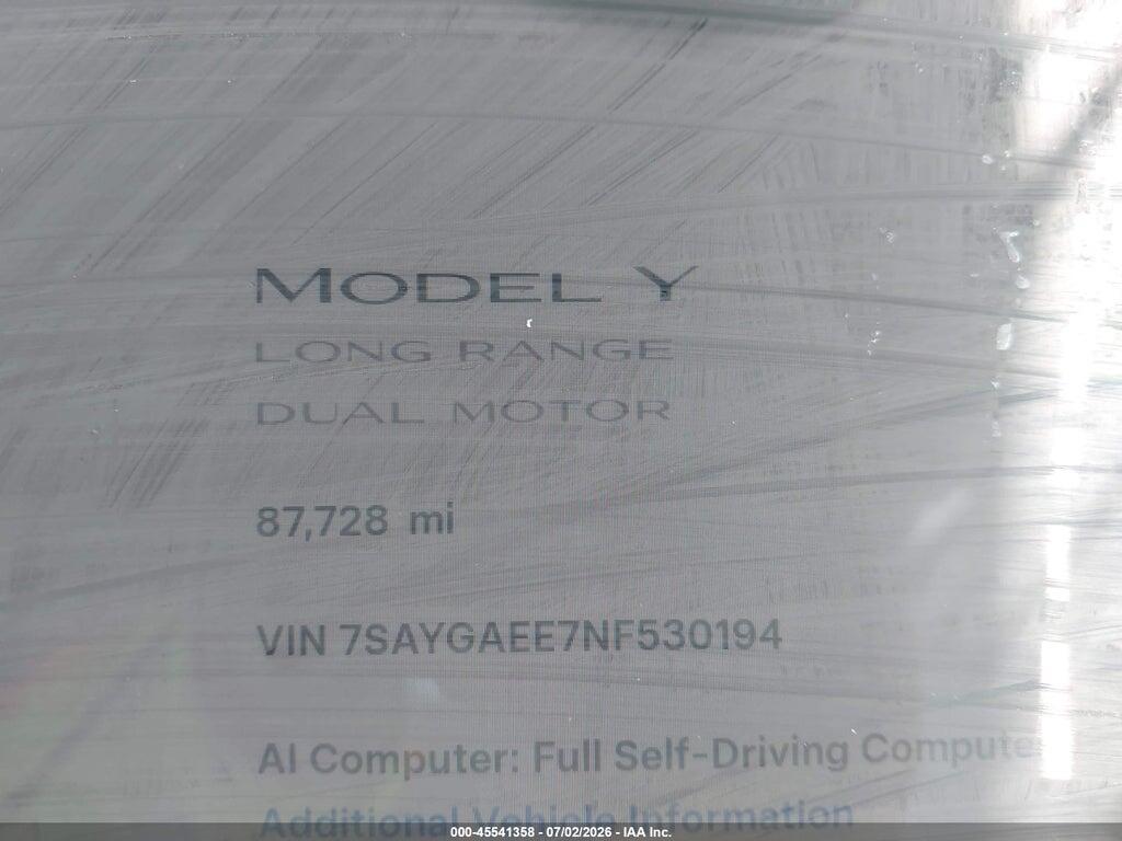 7SAYGAEE7NF530194 2022 TESLA MODEL Y photo no. 7