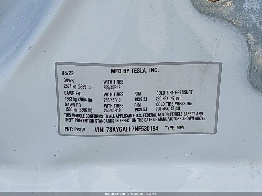 7SAYGAEE7NF530194 2022 TESLA MODEL Y photo no. 9