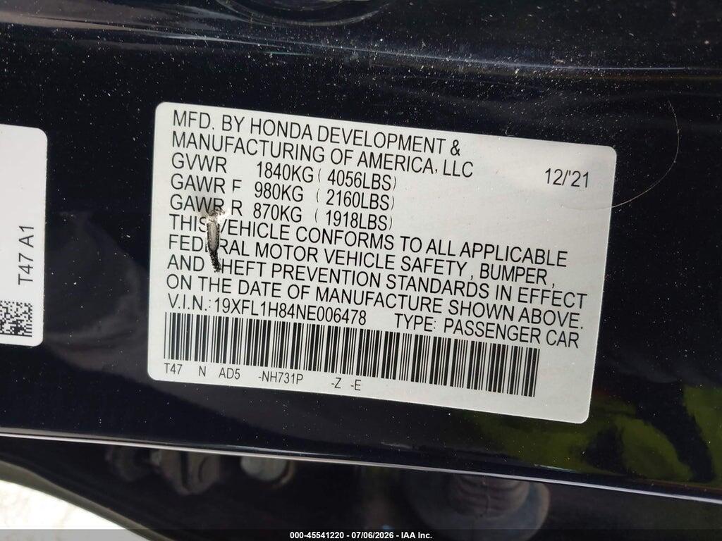 19XFL1H84NE006478 2022 HONDA CIVIC photo no. 9