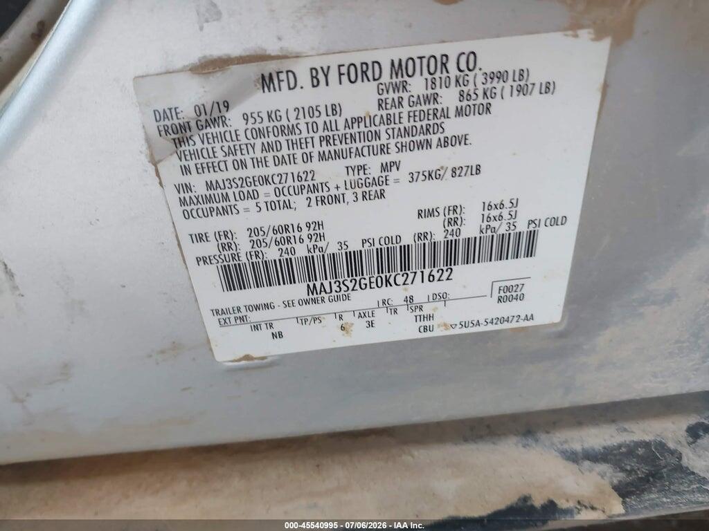 MAJ3S2GE0KC271622 2019 FORD ECOSPORT photo no. 9