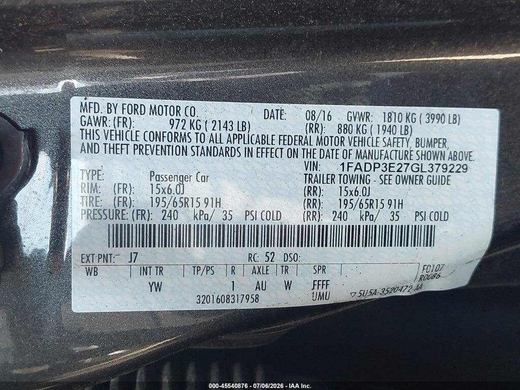 1FADP3E27GL379229 2016 FORD FOCUS photo no. 9