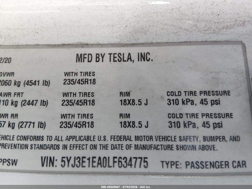 5YJ3E1EA0LF634775 2020 TESLA MODEL 3 photo no. 9