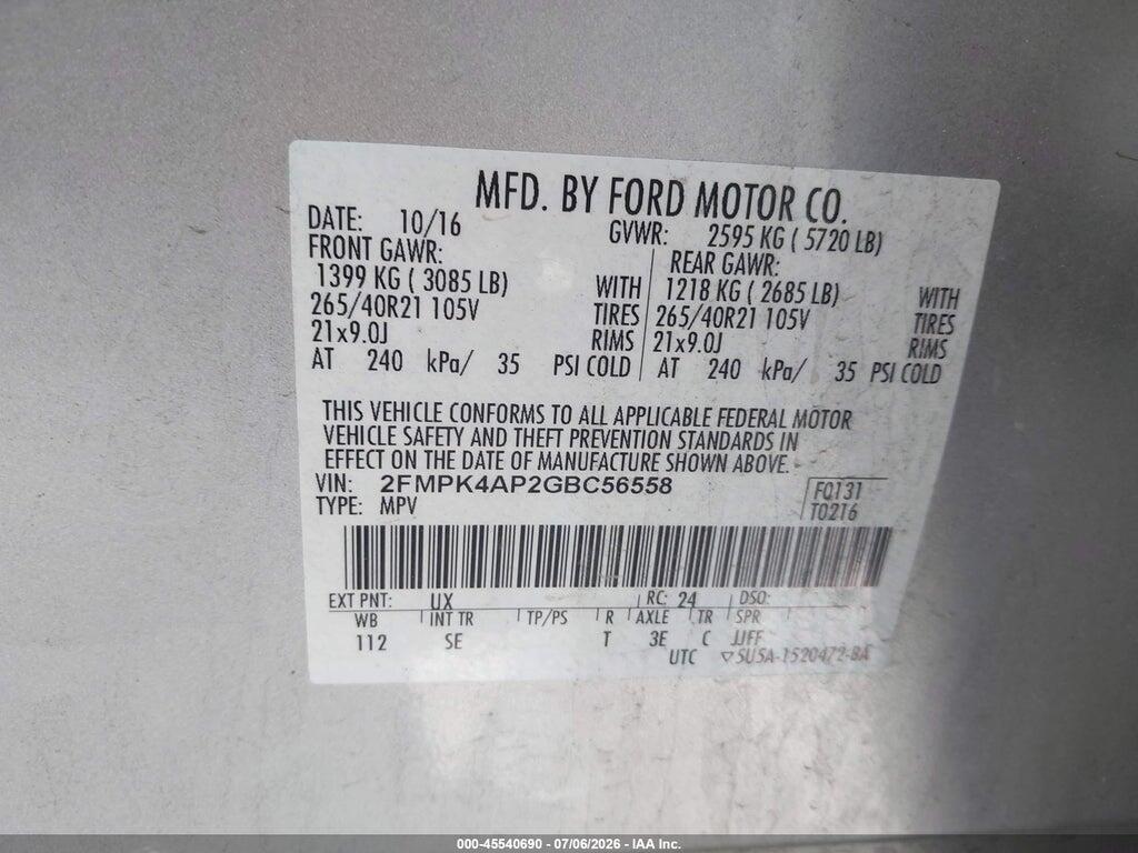 2FMPK4AP2GBC56558 2016 FORD EDGE photo no. 9