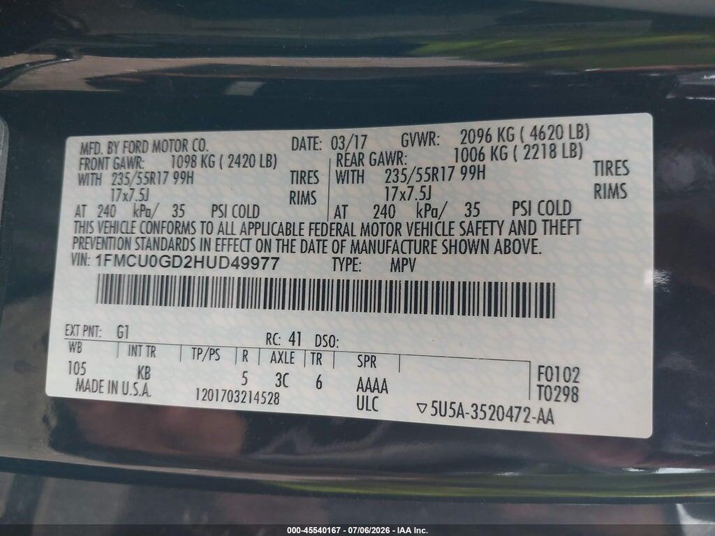 1FMCU0GD2HUD49977 2017 FORD ESCAPE photo no. 9
