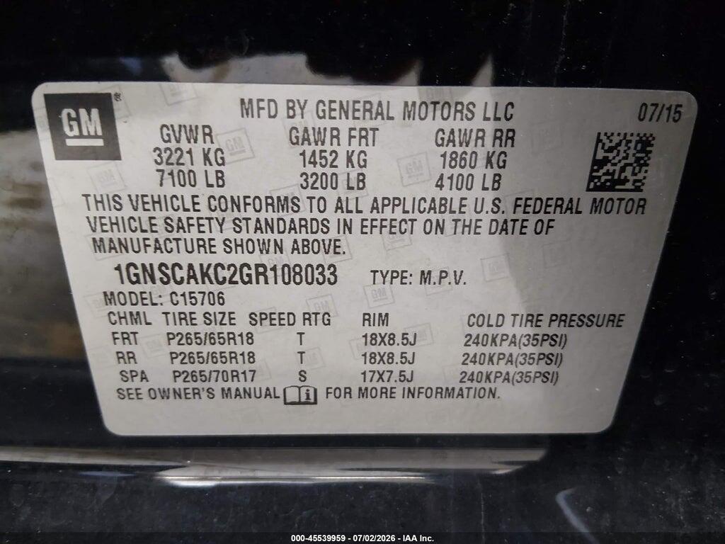 1GNSCAKC2GR108033 2016 CHEVROLET TAHOE photo no. 9