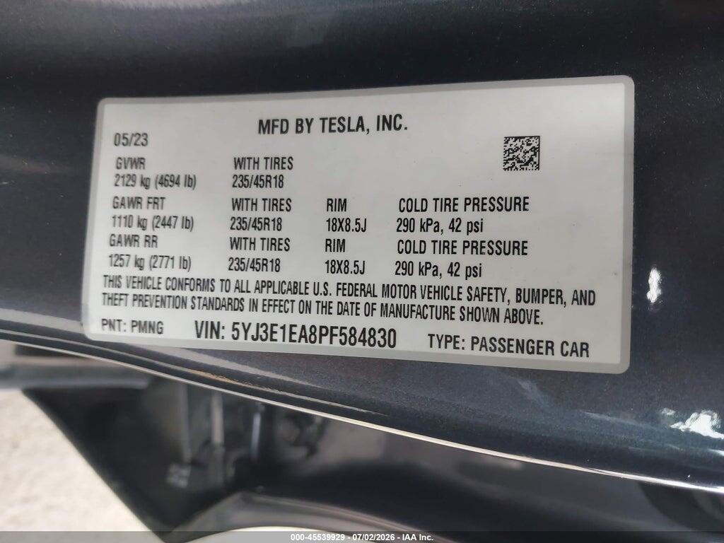 5YJ3E1EA8PF584830 2023 TESLA MODEL 3 photo no. 9