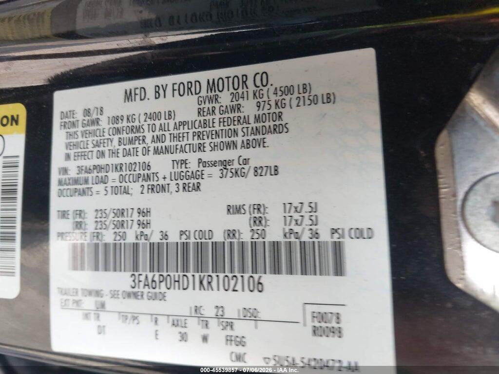 3FA6P0HD1KR102106 2019 FORD FUSION photo no. 9