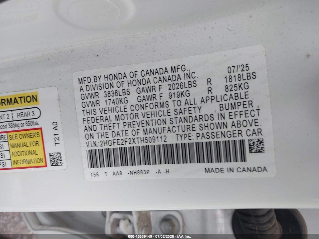 2HGFE2F2XTH509112 2026 HONDA CIVIC photo no. 9