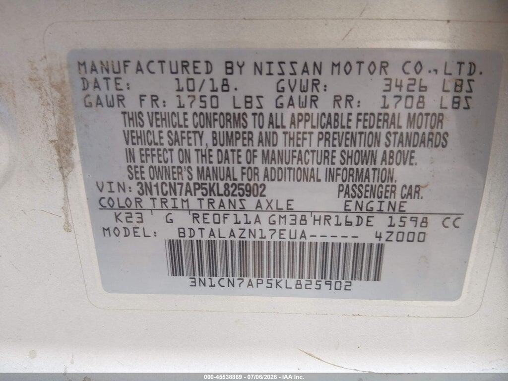 3N1CN7AP5KL825902 2019 NISSAN VERSA photo no. 9
