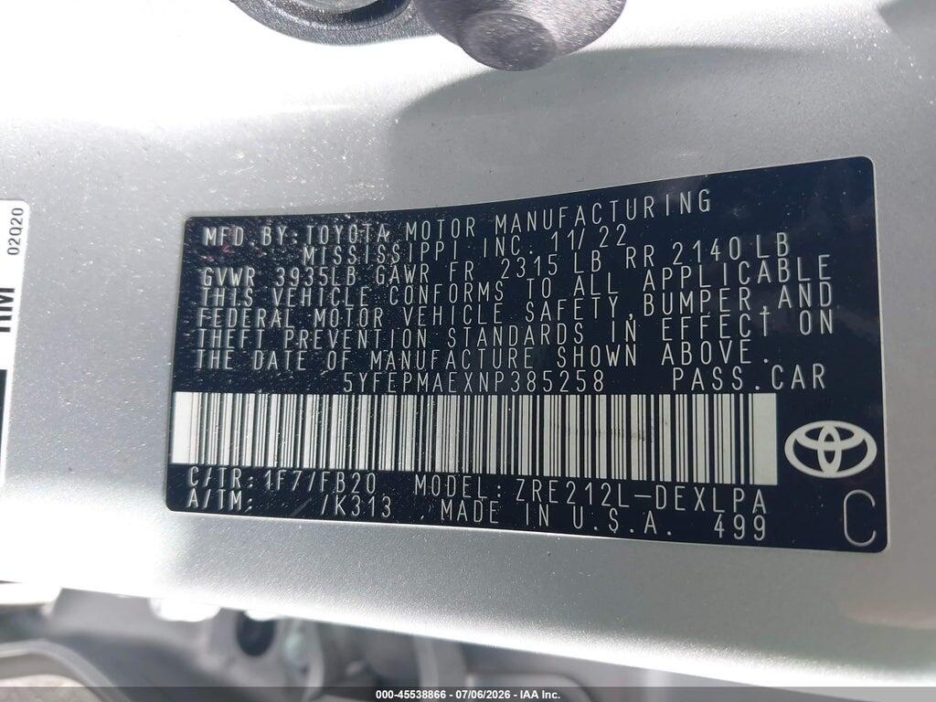 5YFEPMAEXNP385258 2022 TOYOTA COROLLA photo no. 9