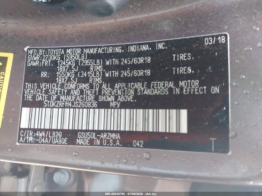 5TDKZRFH4JS260836 2018 TOYOTA HIGHLANDER photo no. 9