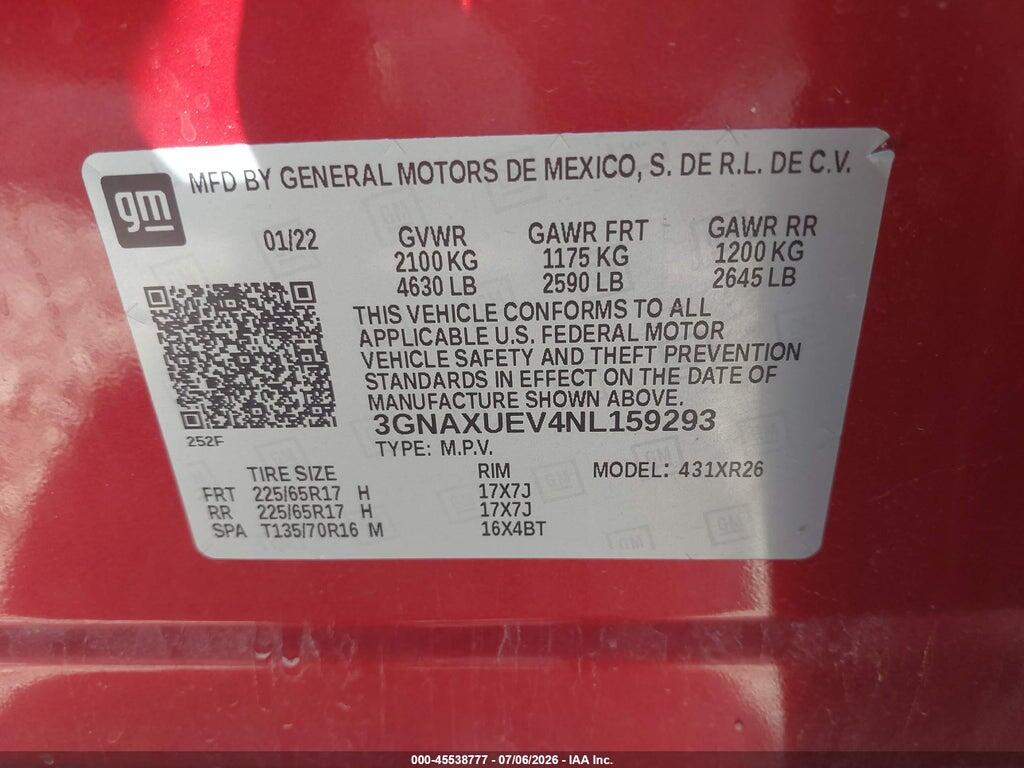 3GNAXUEV4NL159293 2022 CHEVROLET EQUINOX photo no. 9