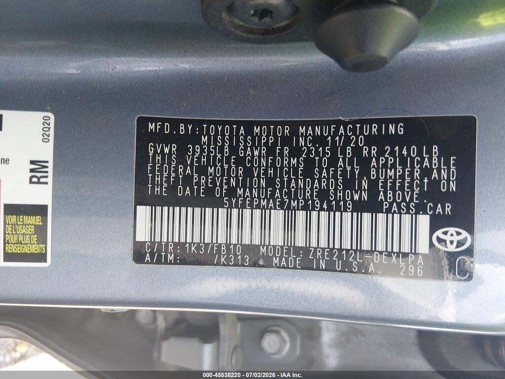 5YFEPMAE7MP194119 2021 TOYOTA COROLLA photo no. 9