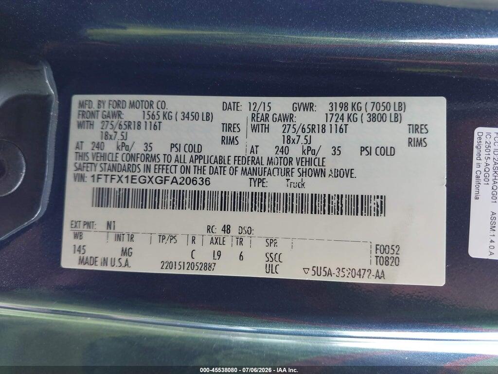 1FTFX1EGXGFA20636 2016 FORD F-150 photo no. 9