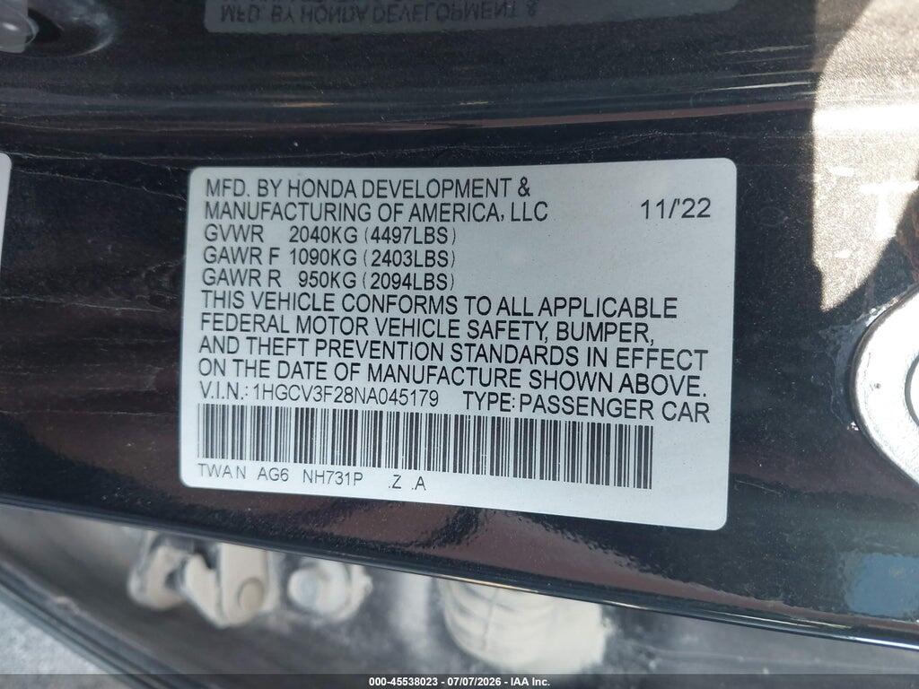 1HGCV3F28NA045179 2022 HONDA ACCORD HYBRID photo no. 9