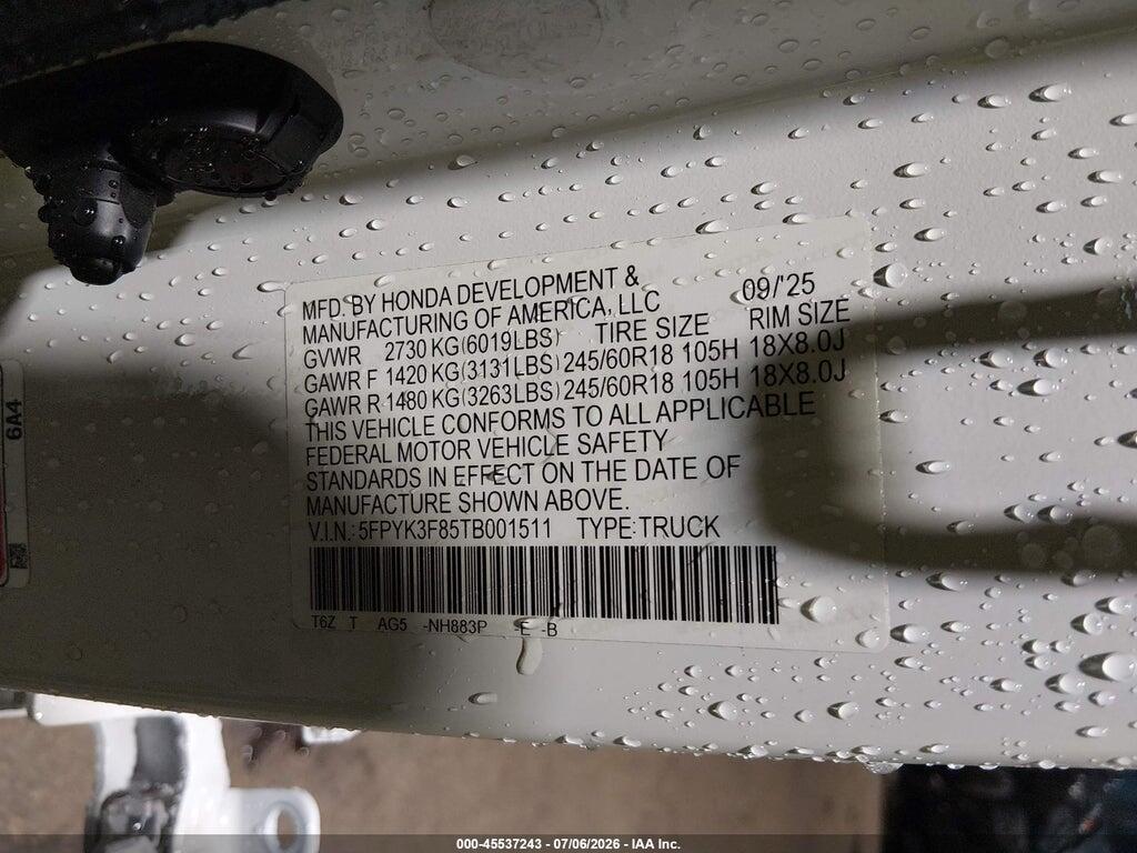5FPYK3F85TB001511 2026 HONDA RIDGELINE photo no. 9
