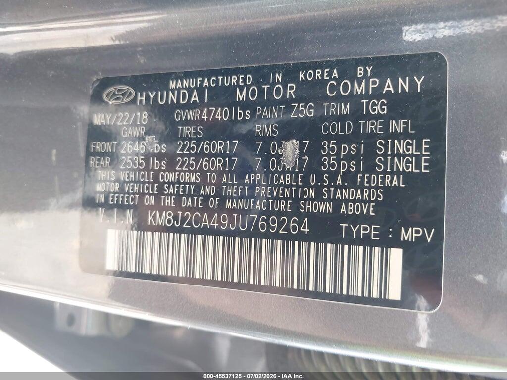 KM8J2CA49JU769264 2018 HYUNDAI TUCSON photo no. 9