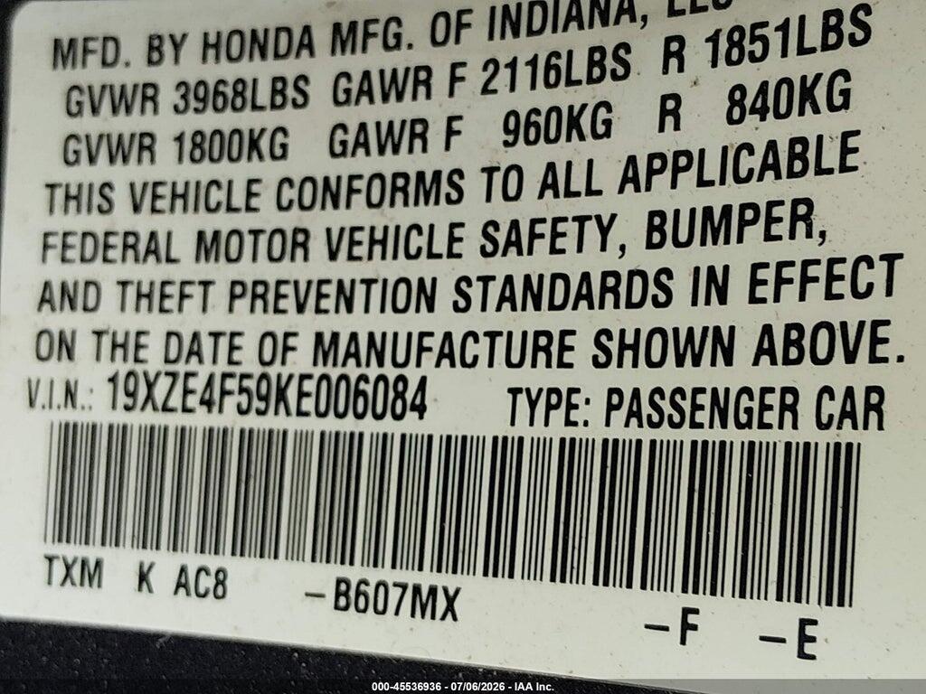 19XZE4F59KE006084 2019 HONDA INSIGHT photo no. 9