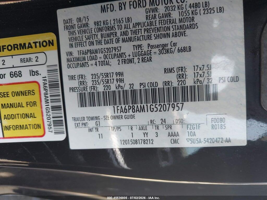 1FA6P8AM1G5207957 2016 FORD MUSTANG photo no. 9