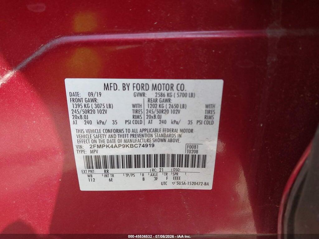 2FMPK4AP9KBC74919 2019 FORD EDGE photo no. 9