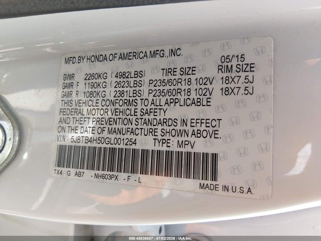 5J8TB4H50GL001254 2016 ACURA RDX photo no. 9