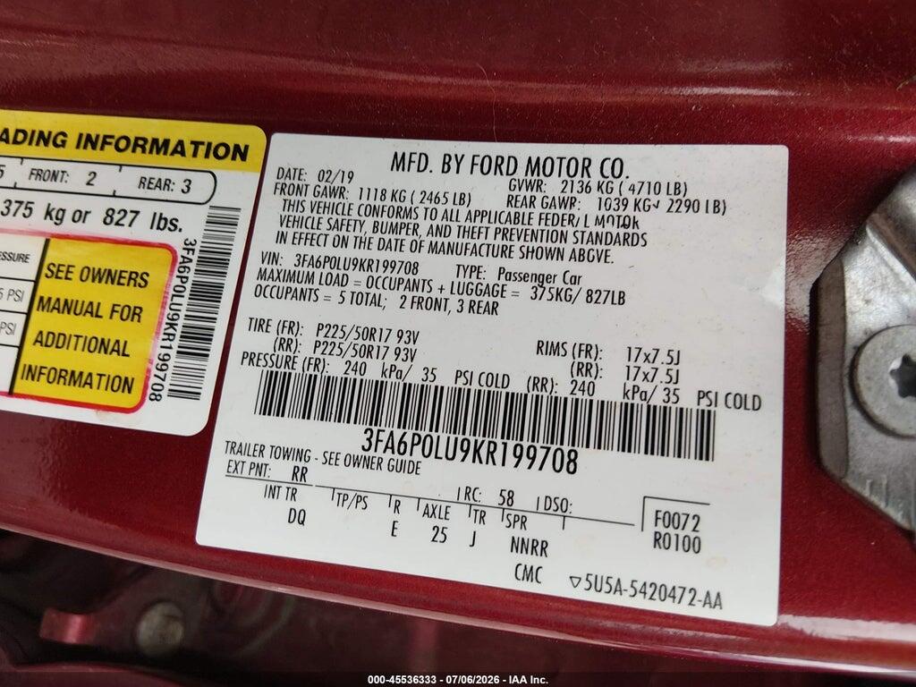 3FA6P0LU9KR199708 2019 FORD FUSION HYBRID photo no. 9