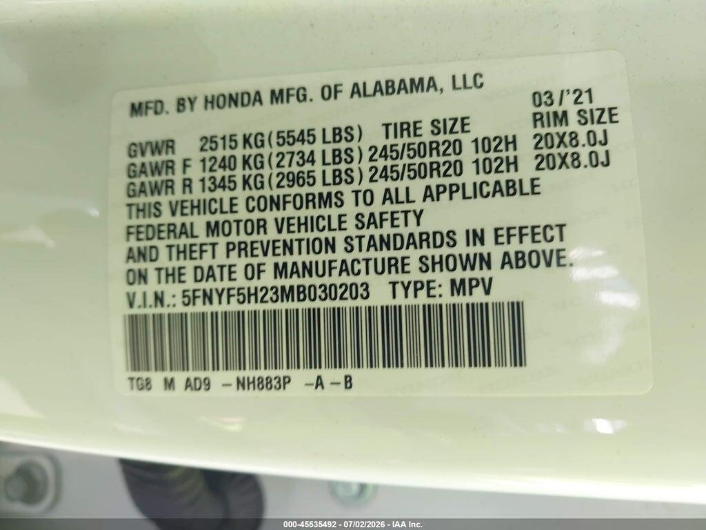 5FNYF5H23MB030203 2021 HONDA PILOT photo no. 9
