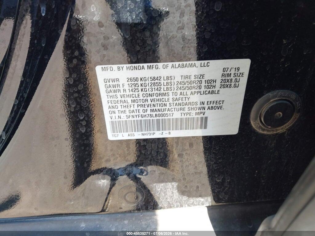 5FNYF6H78LB000517 2020 HONDA PILOT photo no. 9