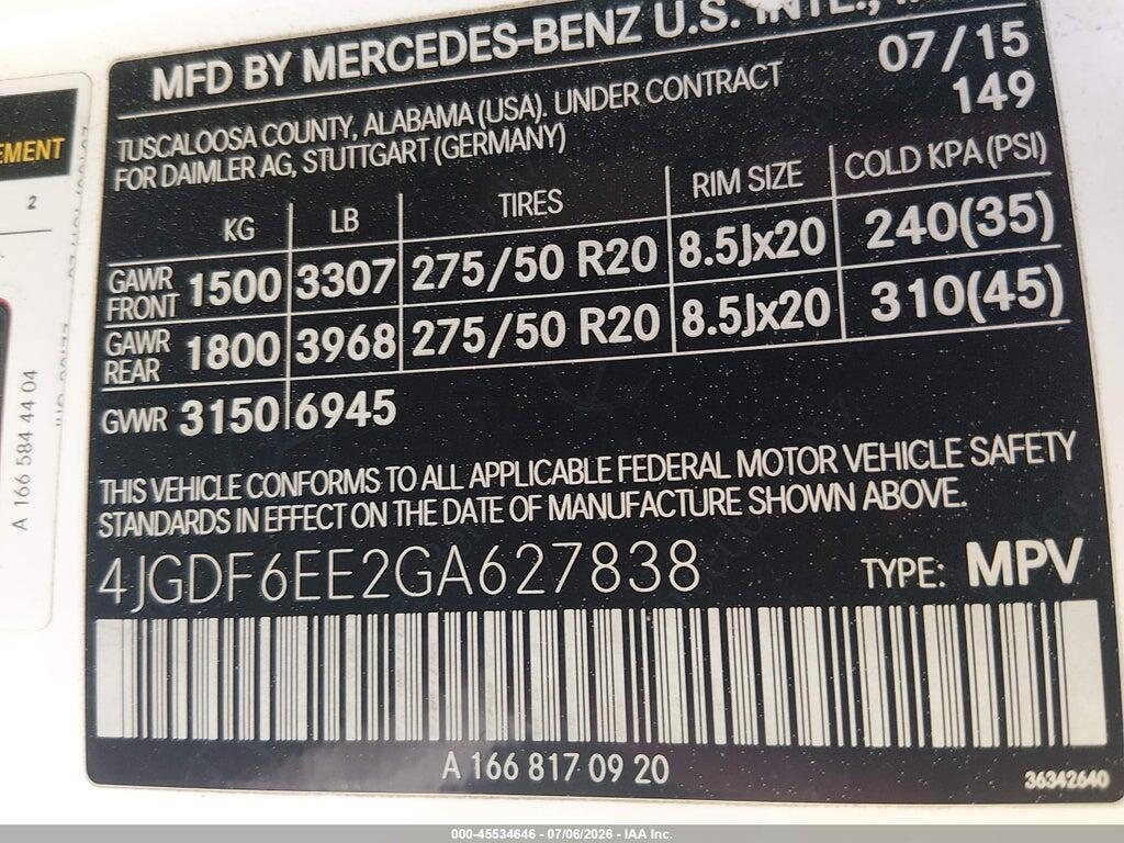 4JGDF6EE2GA627838 2016 MERCEDES-BENZ GL 450 photo no. 9