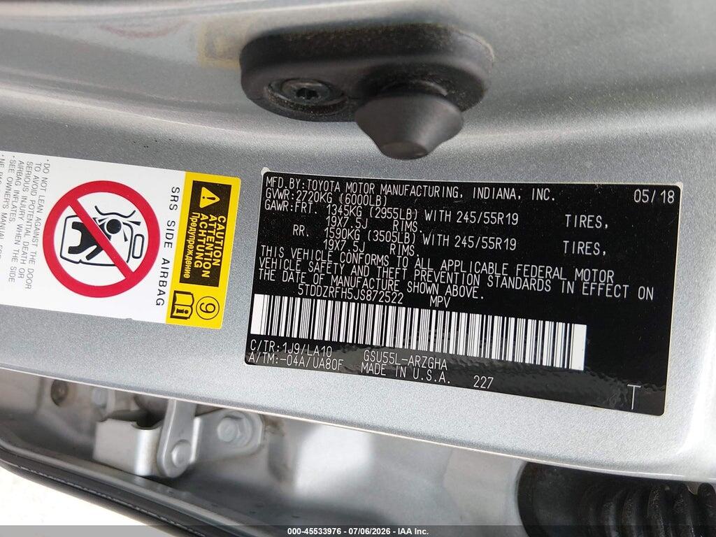 5TDDZRFH5JS872522 2018 TOYOTA HIGHLANDER photo no. 9