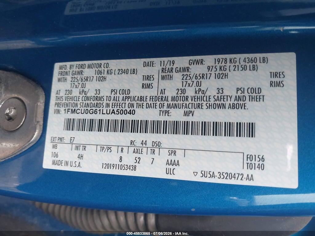 1FMCU0G61LUA50040 2020 FORD ESCAPE photo no. 9