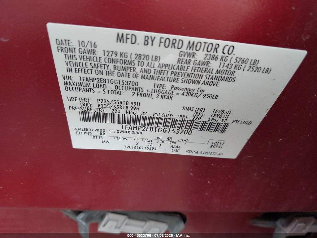1FAHP2E81GG153700 2016 FORD TAURUS photo no. 9