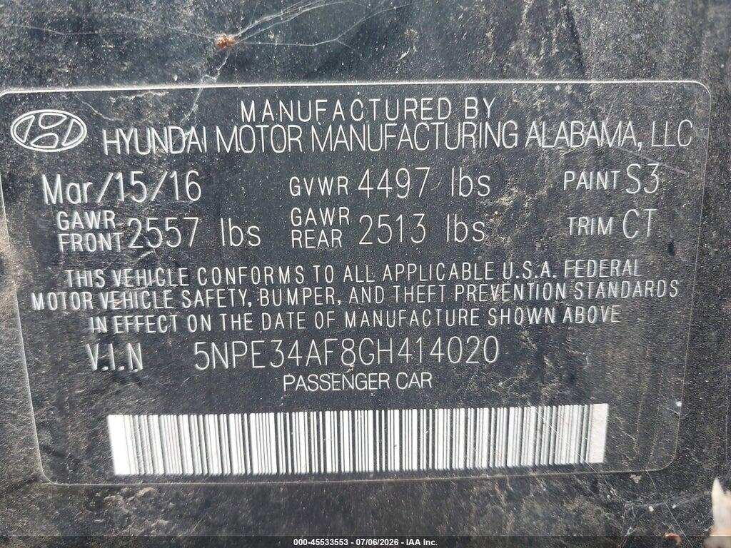 5NPE34AF8GH414020 2016 HYUNDAI SONATA photo no. 9