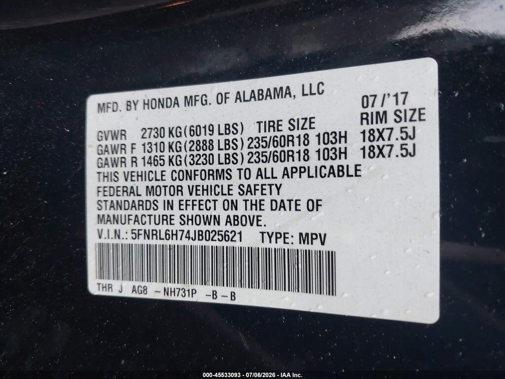 5FNRL6H74JB025621 2018 HONDA ODYSSEY photo no. 9