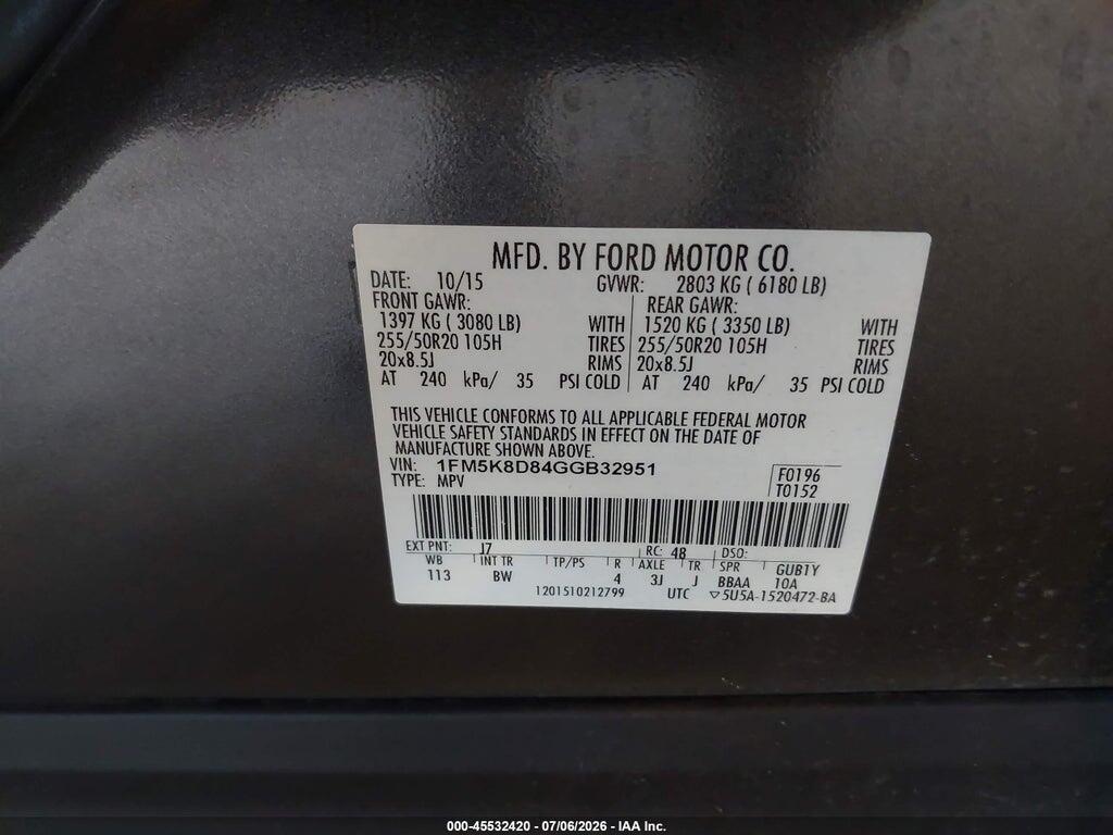 1FM5K8D84GGB32951 2016 FORD EXPLORER photo no. 9