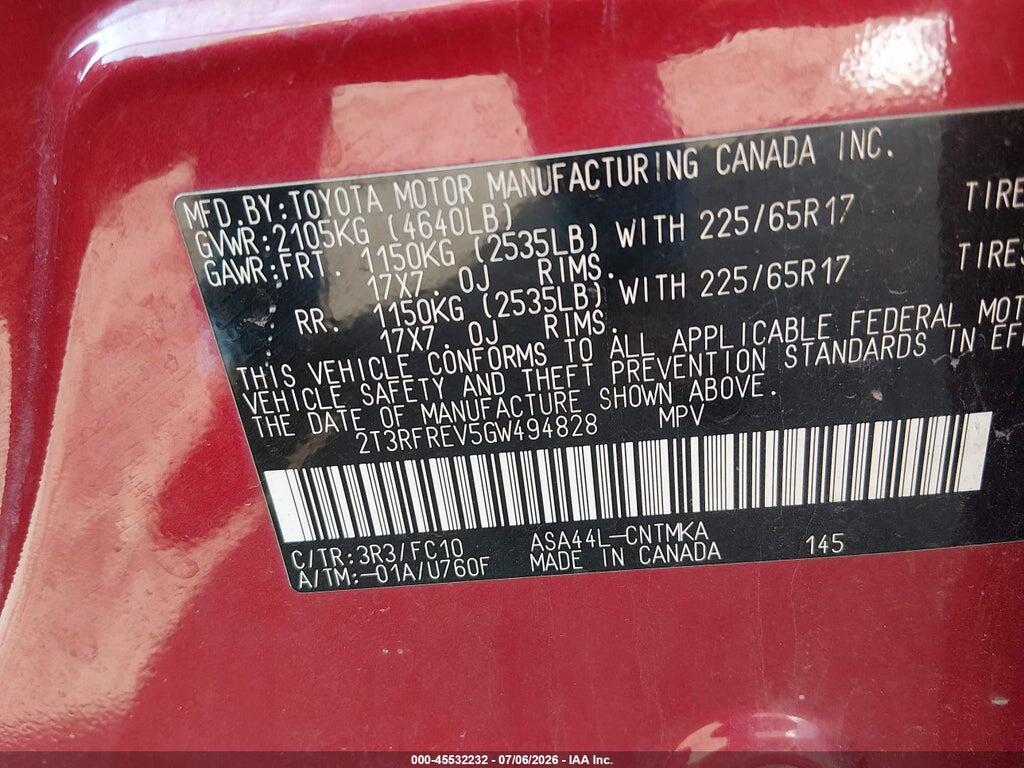 2T3RFREV5GW494828 2016 TOYOTA RAV4 photo no. 9