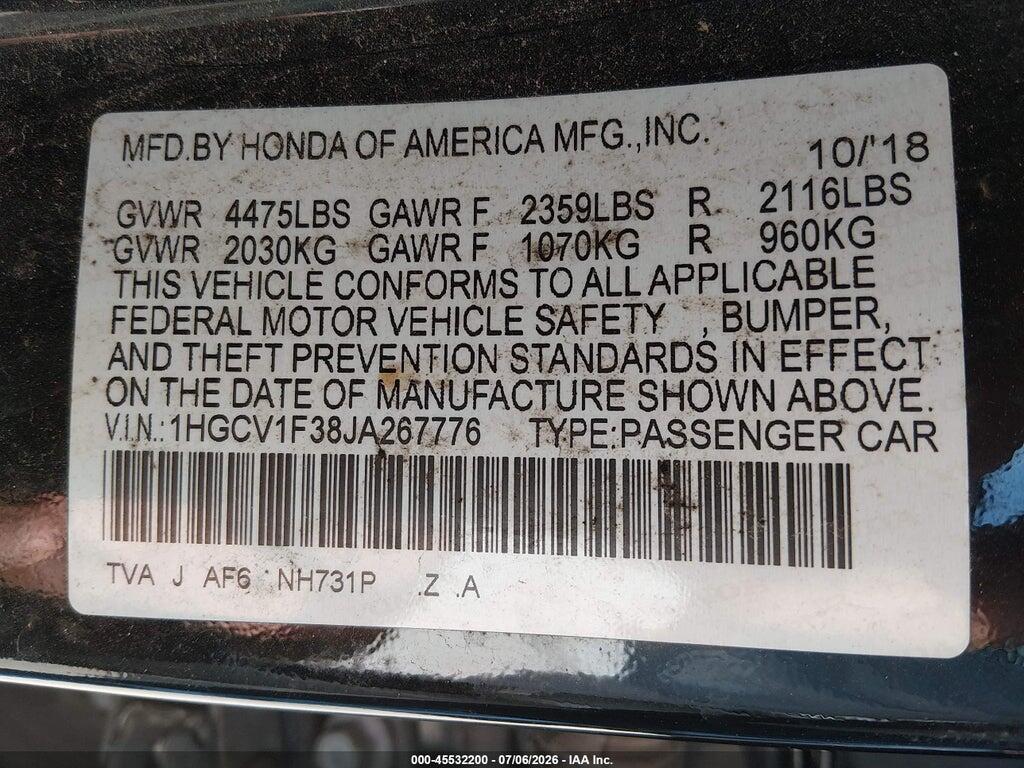 1HGCV1F38JA267776 2018 HONDA ACCORD photo no. 9