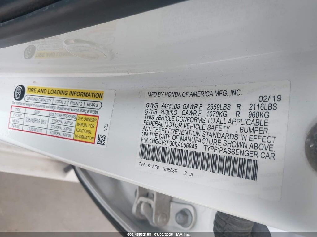 1HGCV1F30KA056945 2019 HONDA ACCORD photo no. 9
