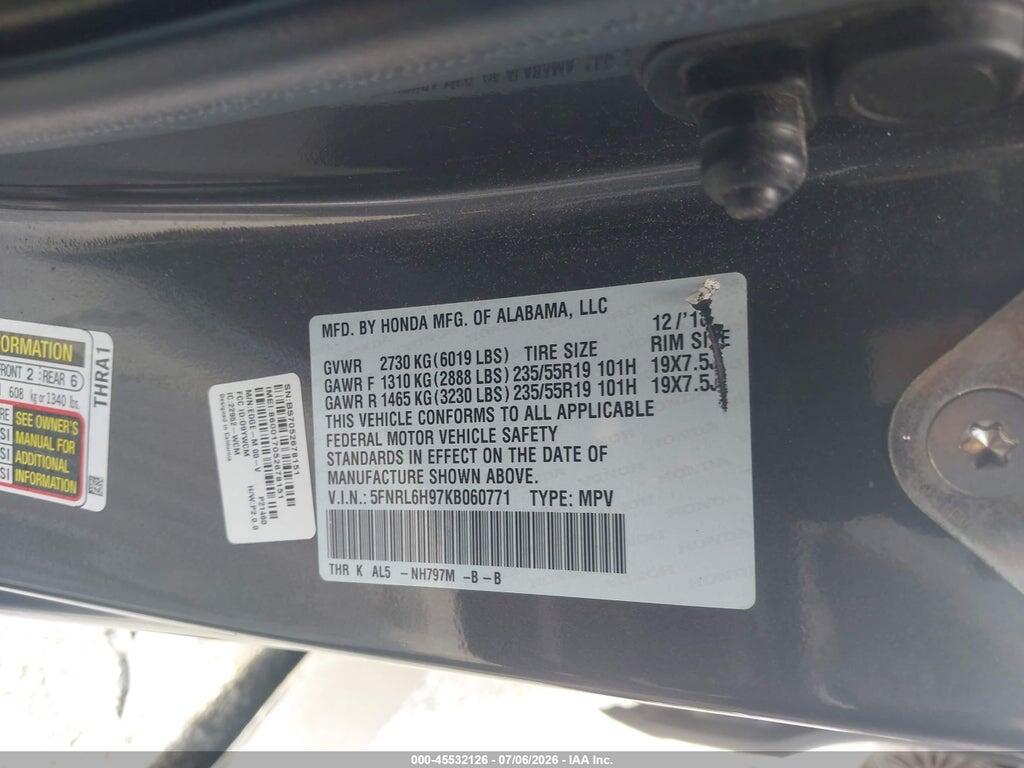 5FNRL6H97KB060771 2019 HONDA ODYSSEY photo no. 9