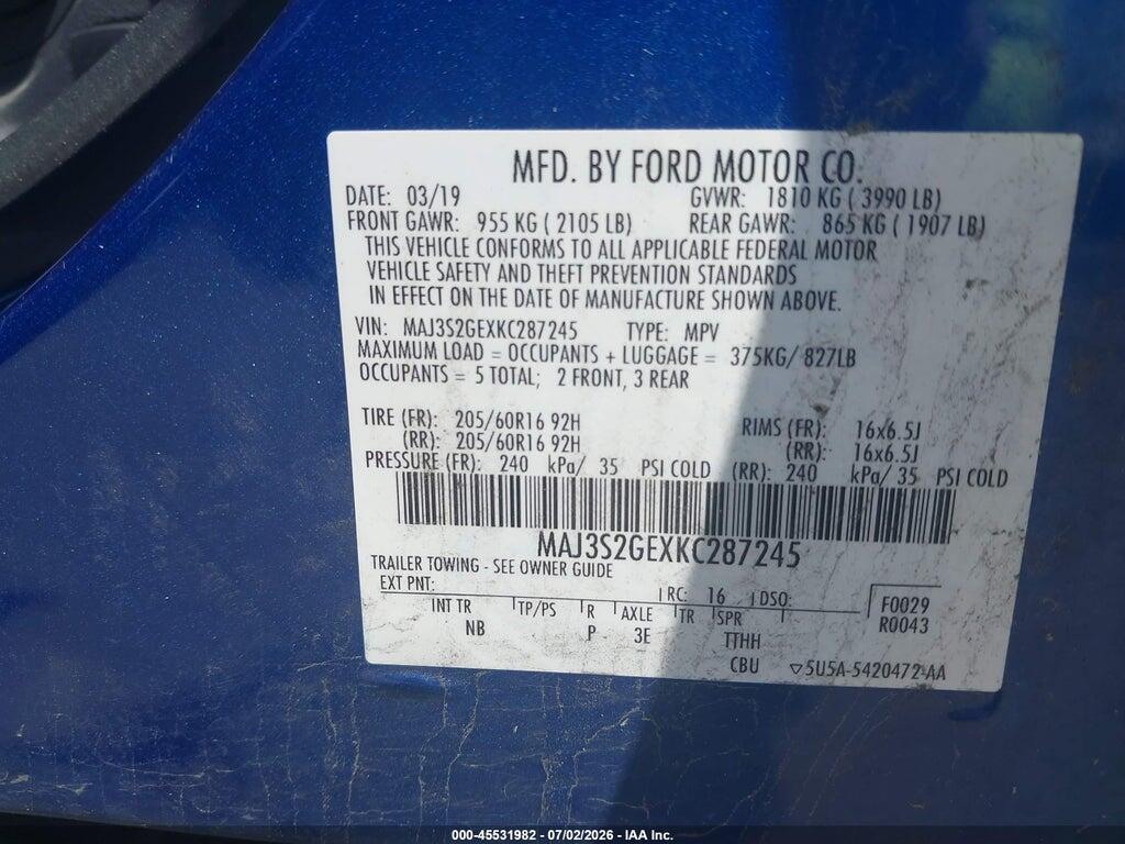 MAJ3S2GEXKC287245 2019 FORD ECOSPORT photo no. 9