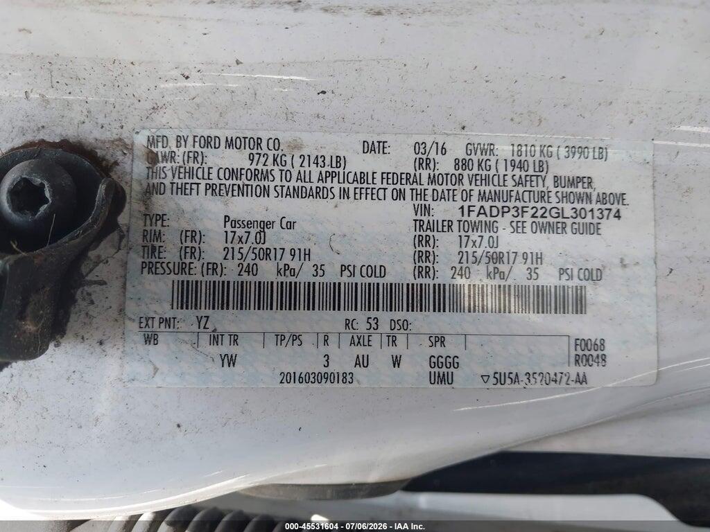 1FADP3F22GL301374 2016 FORD FOCUS photo no. 9
