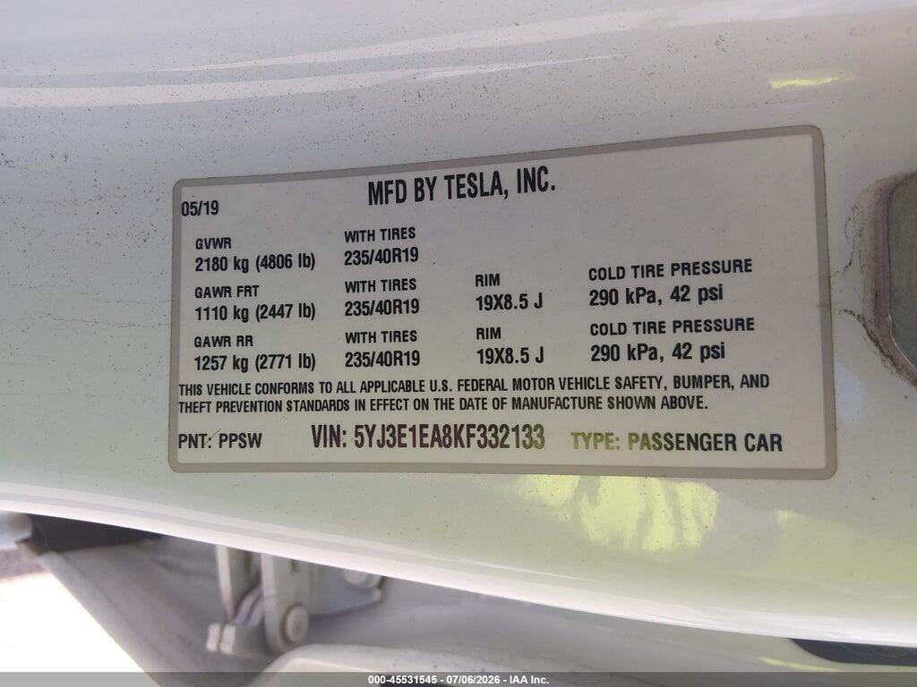 5YJ3E1EA8KF332133 2019 TESLA MODEL 3 photo no. 9