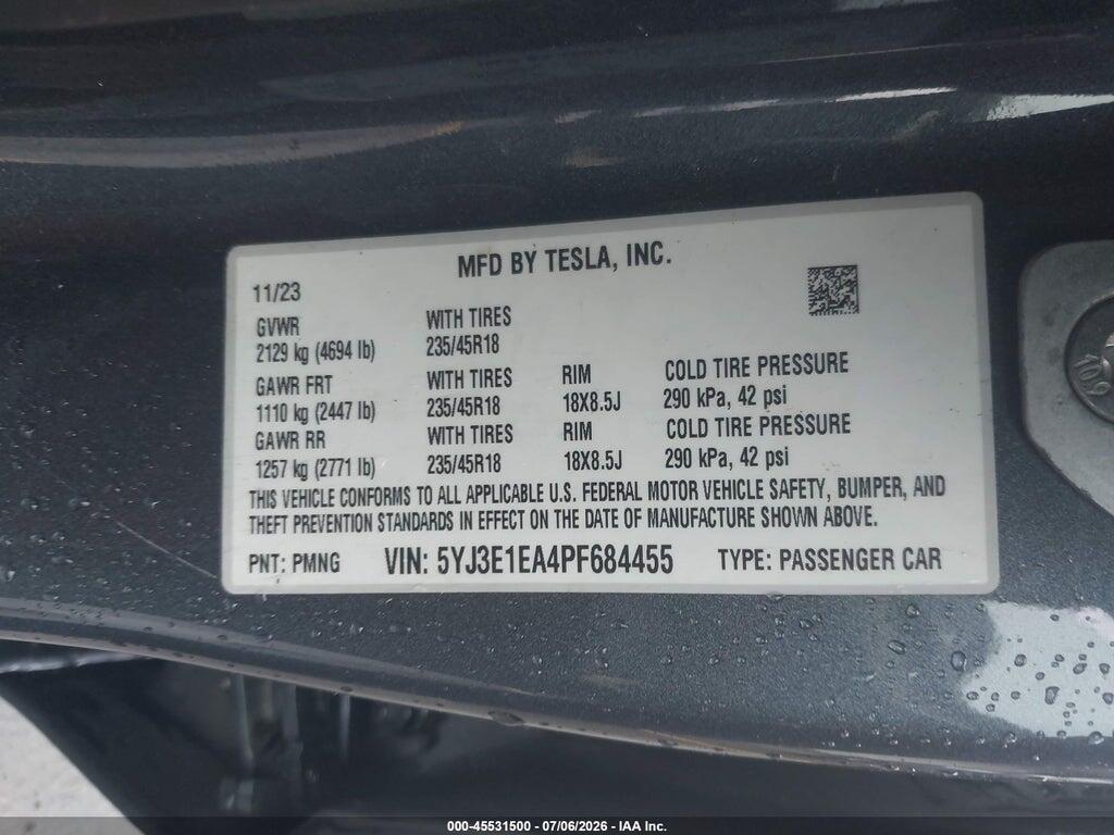 5YJ3E1EA4PF684455 2023 TESLA MODEL 3 photo no. 9