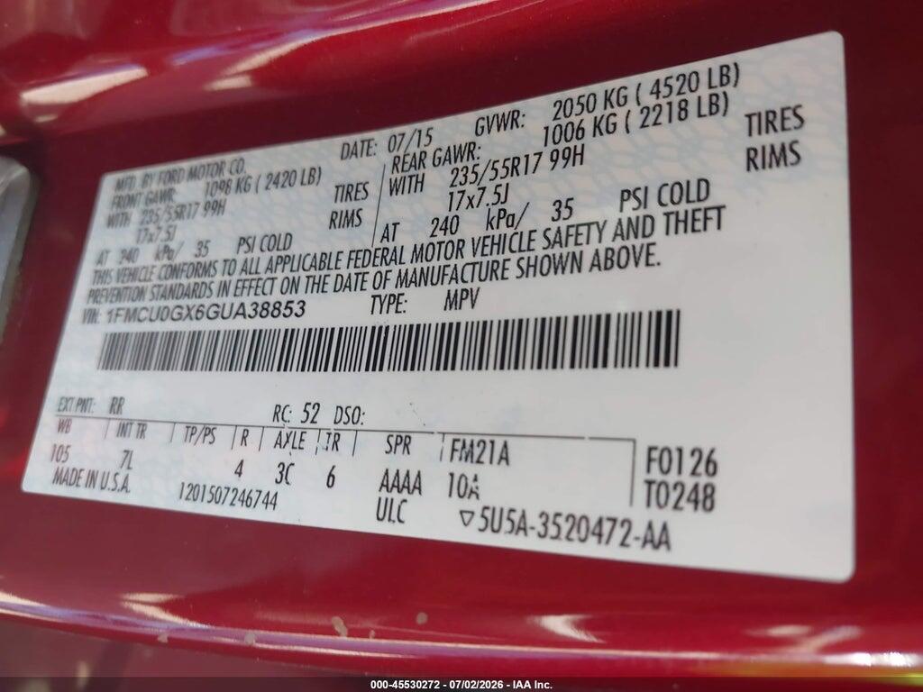1FMCU0GX6GUA38853 2016 FORD ESCAPE photo no. 9