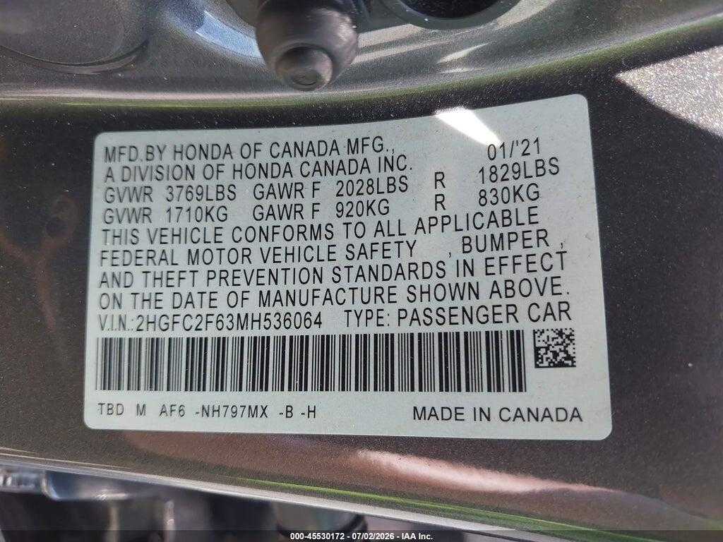 2HGFC2F63MH536064 2021 HONDA CIVIC photo no. 9