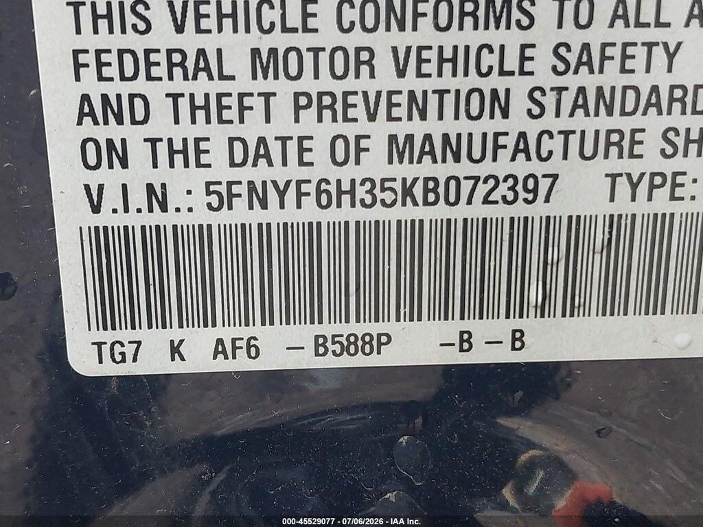 5FNYF6H35KB072397 2019 HONDA PILOT photo no. 9