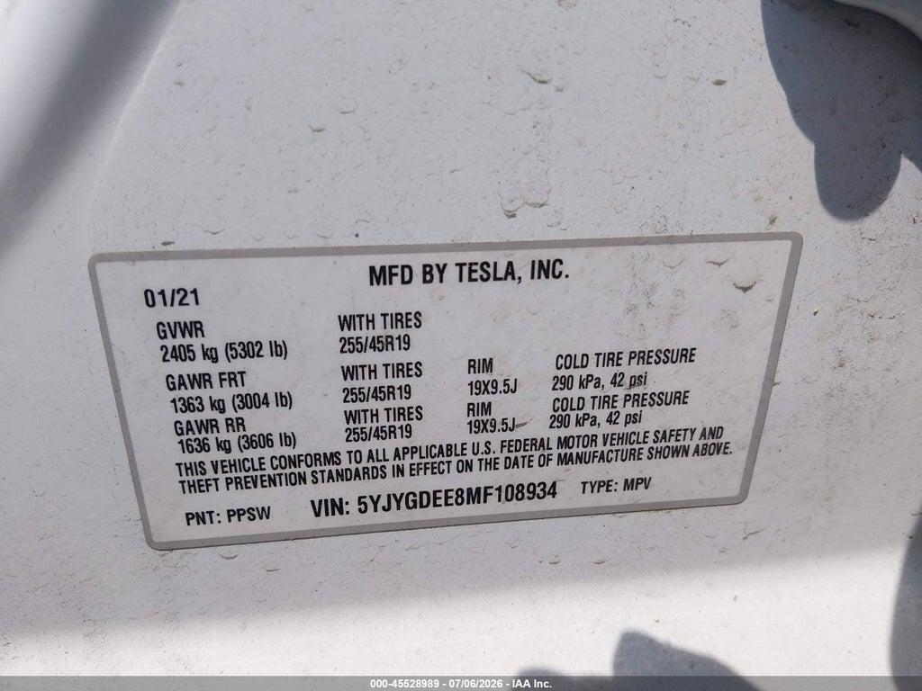 5YJYGDEE8MF108934 2021 TESLA MODEL Y photo no. 9
