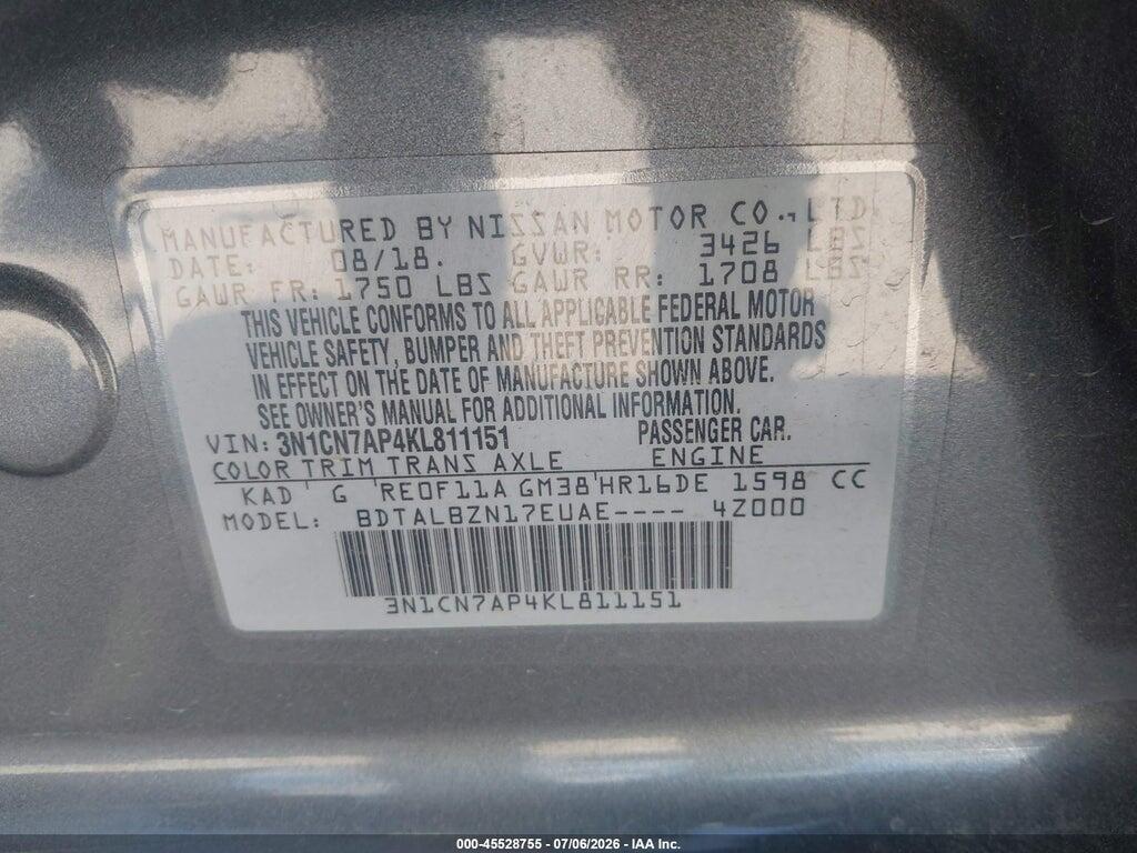 3N1CN7AP4KL811151 2019 NISSAN VERSA photo no. 9