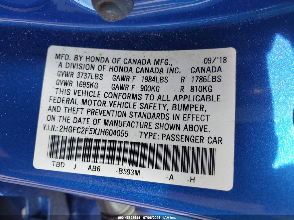2HGFC2F5XJH604055 2018 HONDA CIVIC photo no. 9